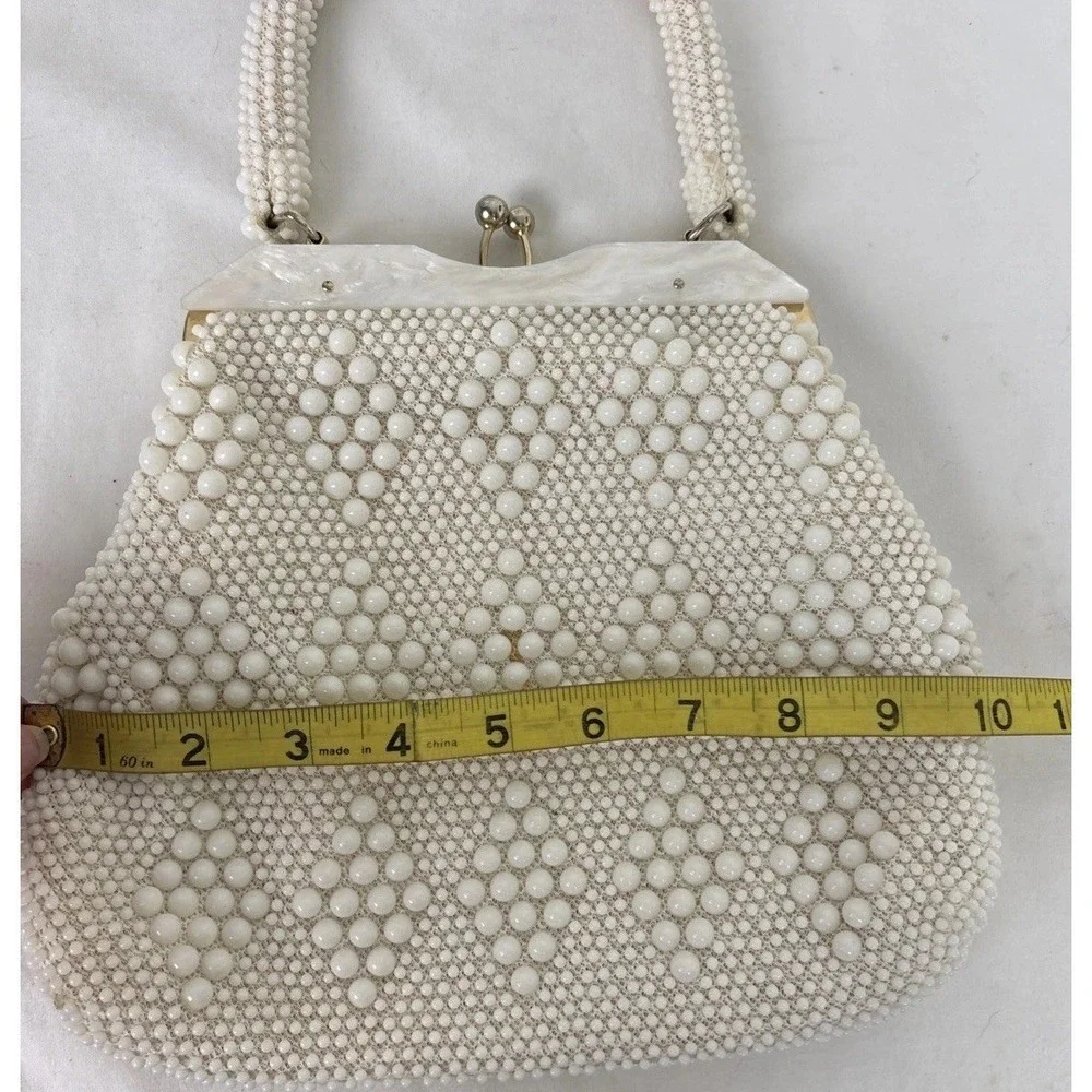Vintage Beaded Bag Ivory Gold Tone Hong Kong 1950s Kiss Lock Summer
